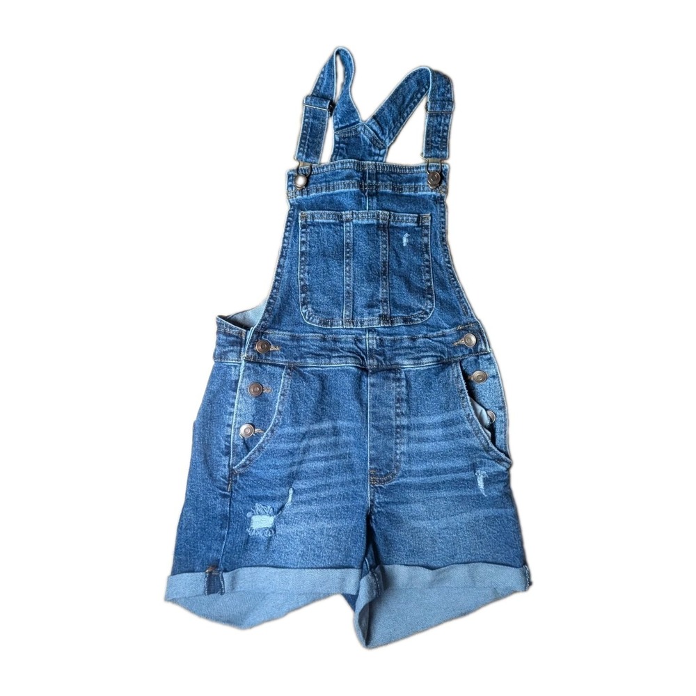 No Boundaries Women's Denim Short Overalls Distressed Rolled Hem Blue XS Y2K